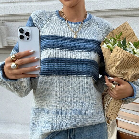 Multicolor Casual Women's Crew Neck Contrast Stripe Loose Pullover Sweater - Picture 1 of 6